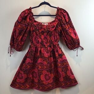 House of Harlow 1960 Shania Fuchsia blockprint puff sleeve milkmaid dress NWOT M